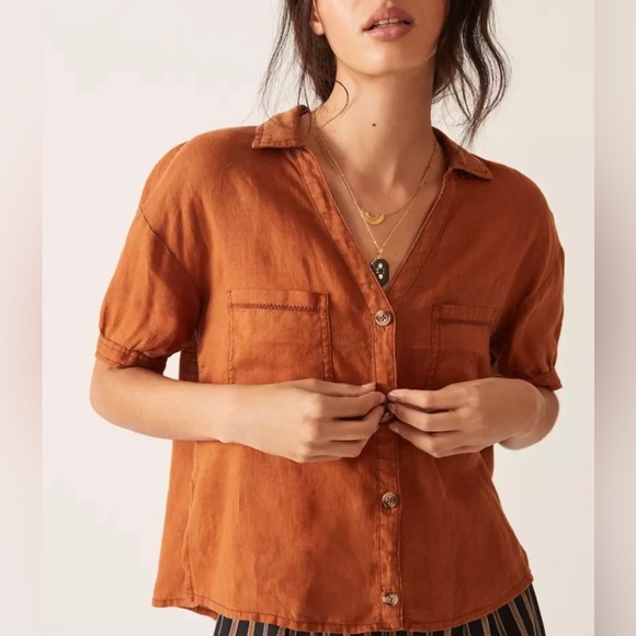 Anthropologie Pilcro brown linen surf button down shirt size: M - Picture 3 of 10